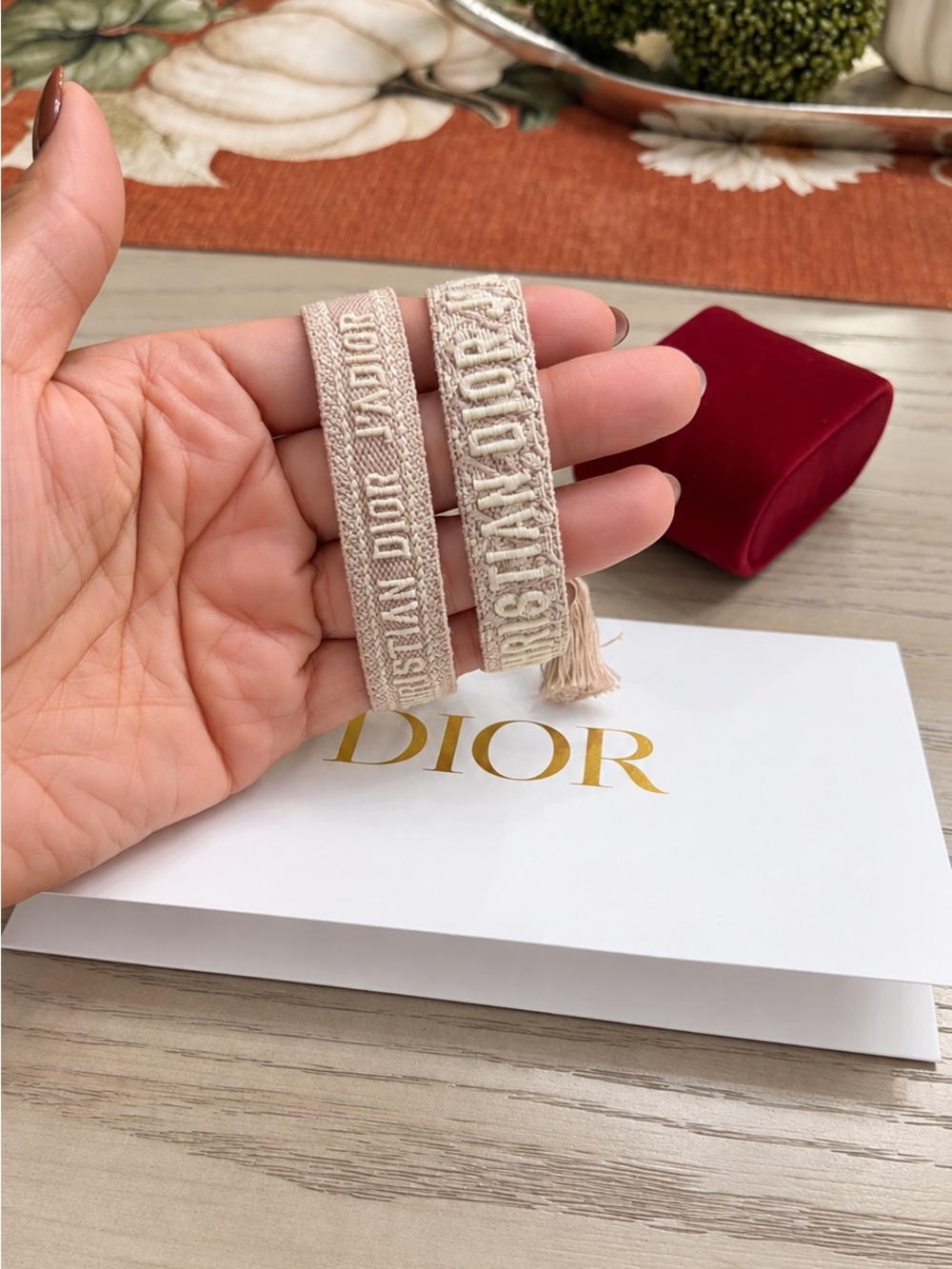Dior Beige Woven 'Christian Dior' Bracelet Set with Tassels